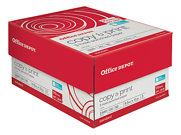Office Depot Brand 3 Hole Punched Multi Use Printer Copier Paper Letter  Size 8 12 x 11 1500 Sheets Total 92 U.S. Brightness 20 Lb White 500 Sheets  Per Ream Case Of 3 Reams - Office Depot